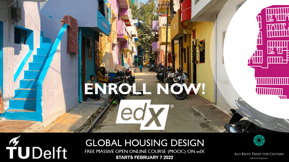 A street with brightly coloured apartments and blue stairs, with the text “Enroll Now! edX”.
